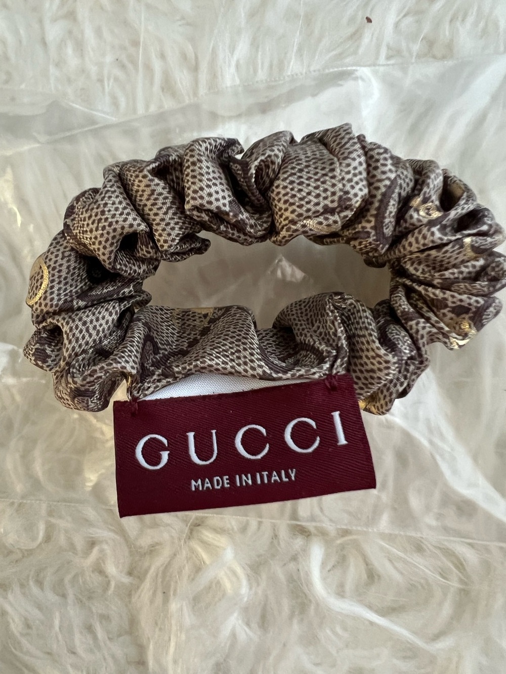 Gucci Beige Brown Logo-Print Scrunchie with Gold Accents